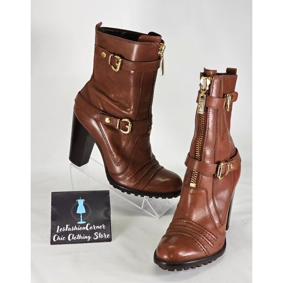 Michael Kors Women's Brown Leather High Heel Mid Calf Boots  Size 10W 302 - Picture 5 of 15